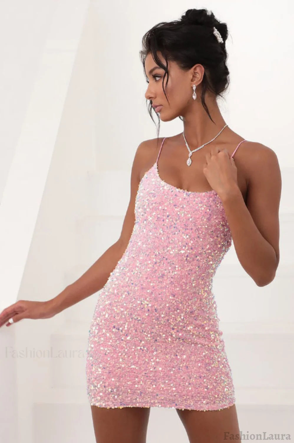 Iridescent Sequin Stylish Bodycon Dress S / Pink