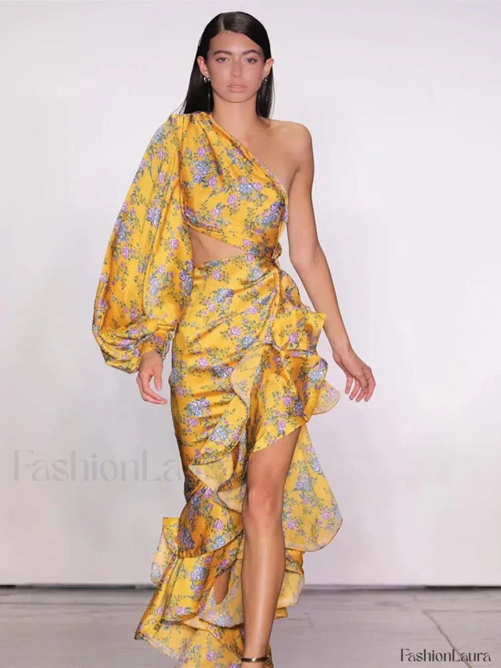 Irregular Ruffle Shoulder Floral Dress