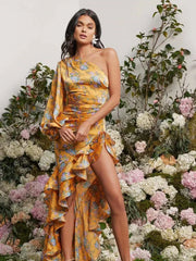 Irregular Ruffle Shoulder Floral Dress Gold / S