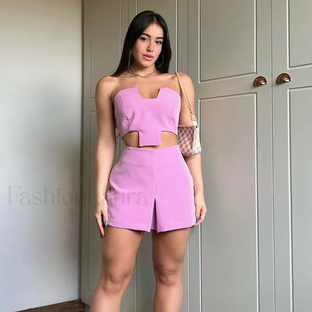 Irregular Wrap Strapless Tank Mini Skirt Two Piece Set