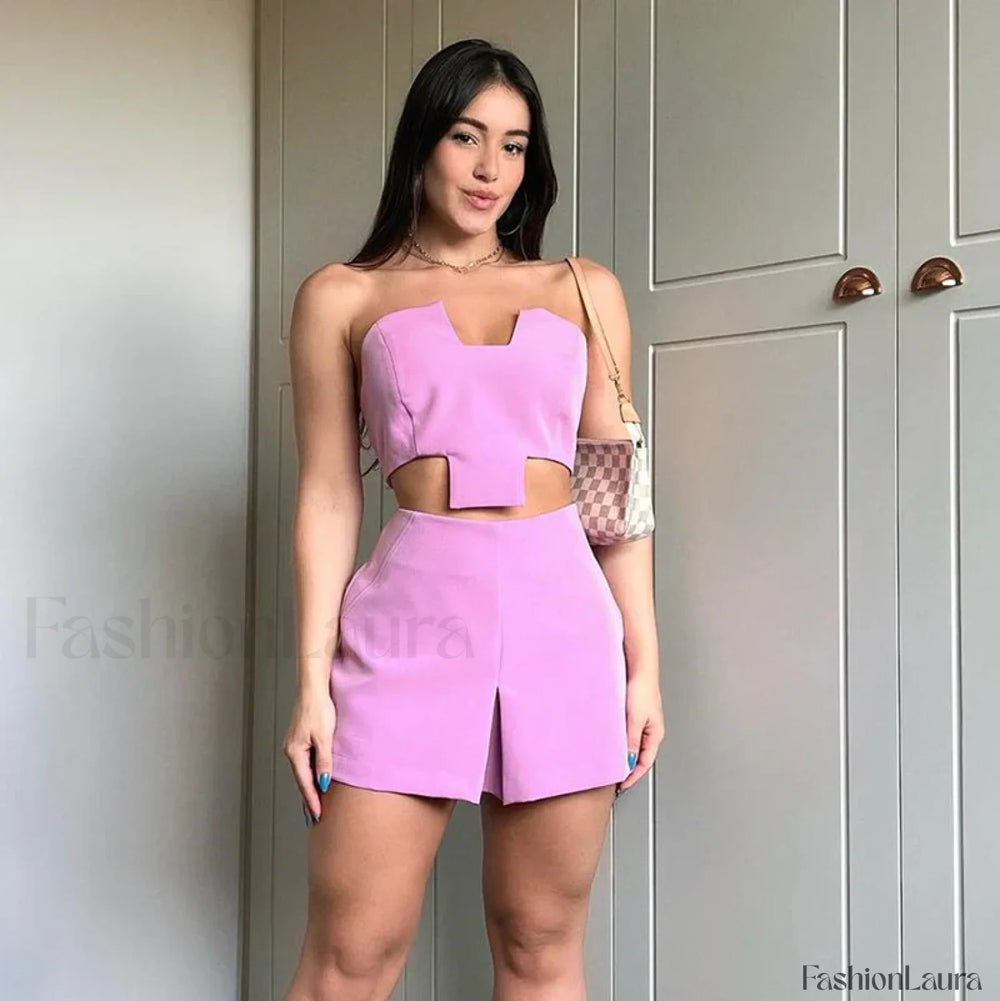 Irregular Wrap Strapless Tank Mini Skirt Two Piece Set Pink / S
