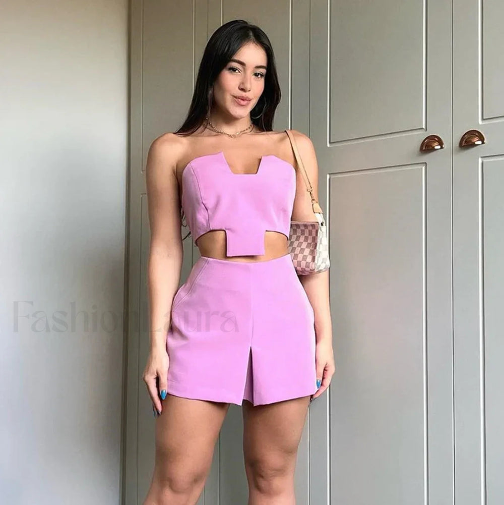 Irregular Wrap Strapless Tank Mini Skirt Two Piece Set Pink / S