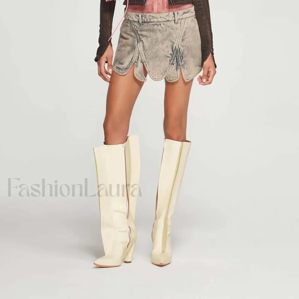 Irregular Zipper Washed Denim Skirt BLUE / M