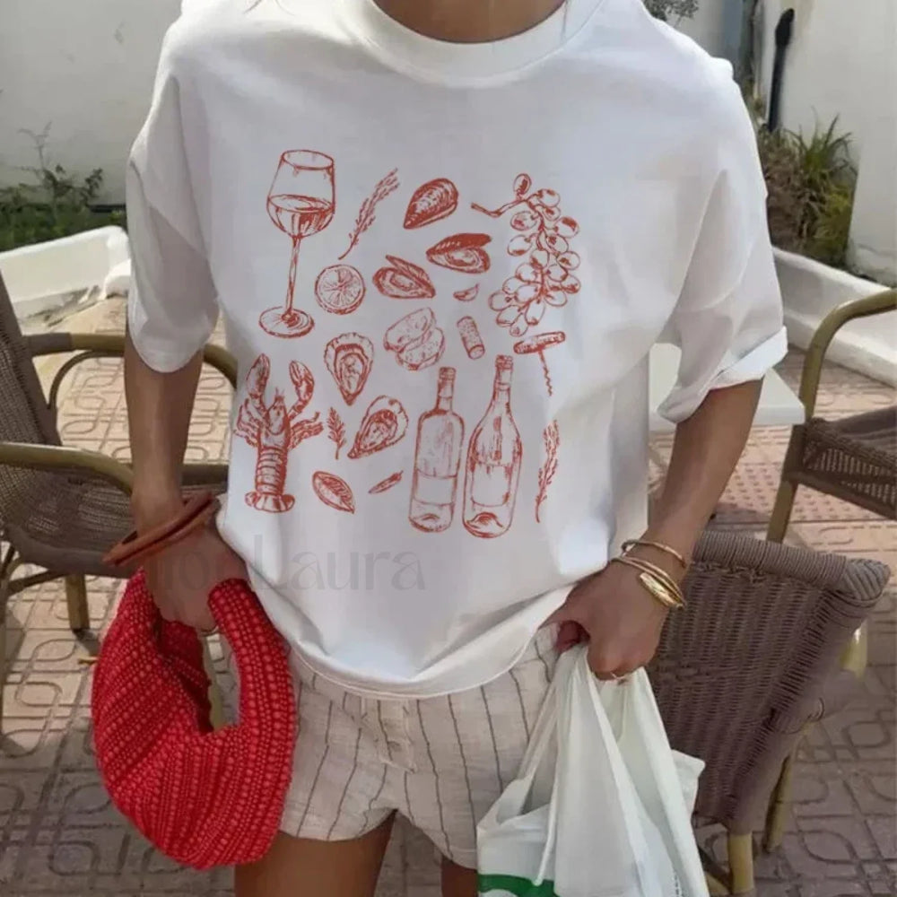 Italian Seafood Print Vintage T Shirt white / XS