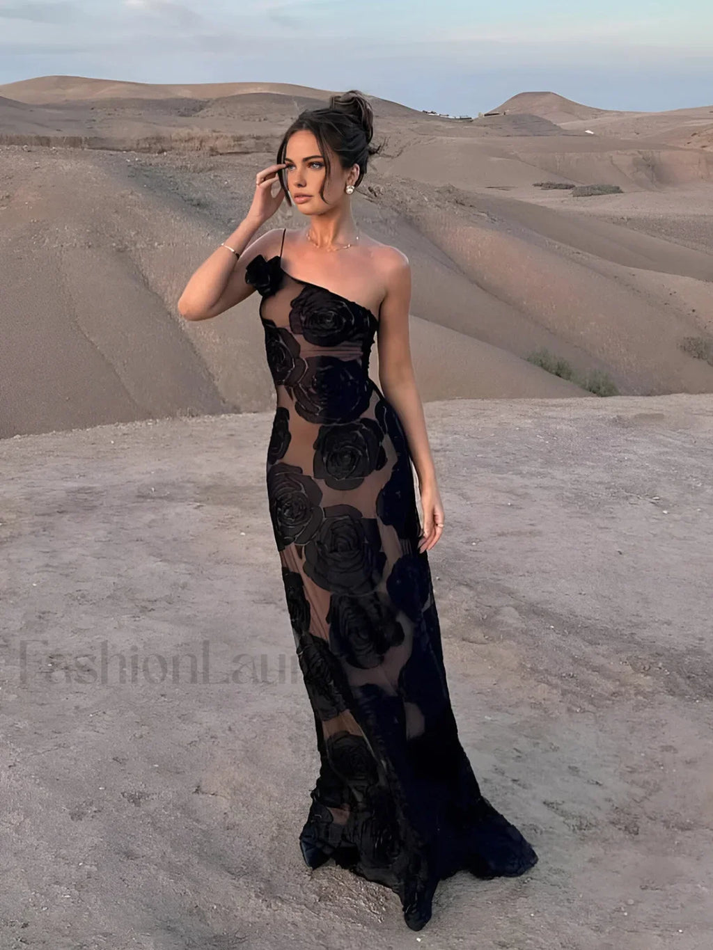 Jacquard Floral Asymmetrical Long Dress Black / XS Dresses