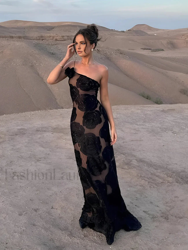 Jacquard Floral Asymmetrical Long Dress Black / XS Dresses Main image