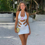 Jacquard Halter Hollow Mini Dress White / S