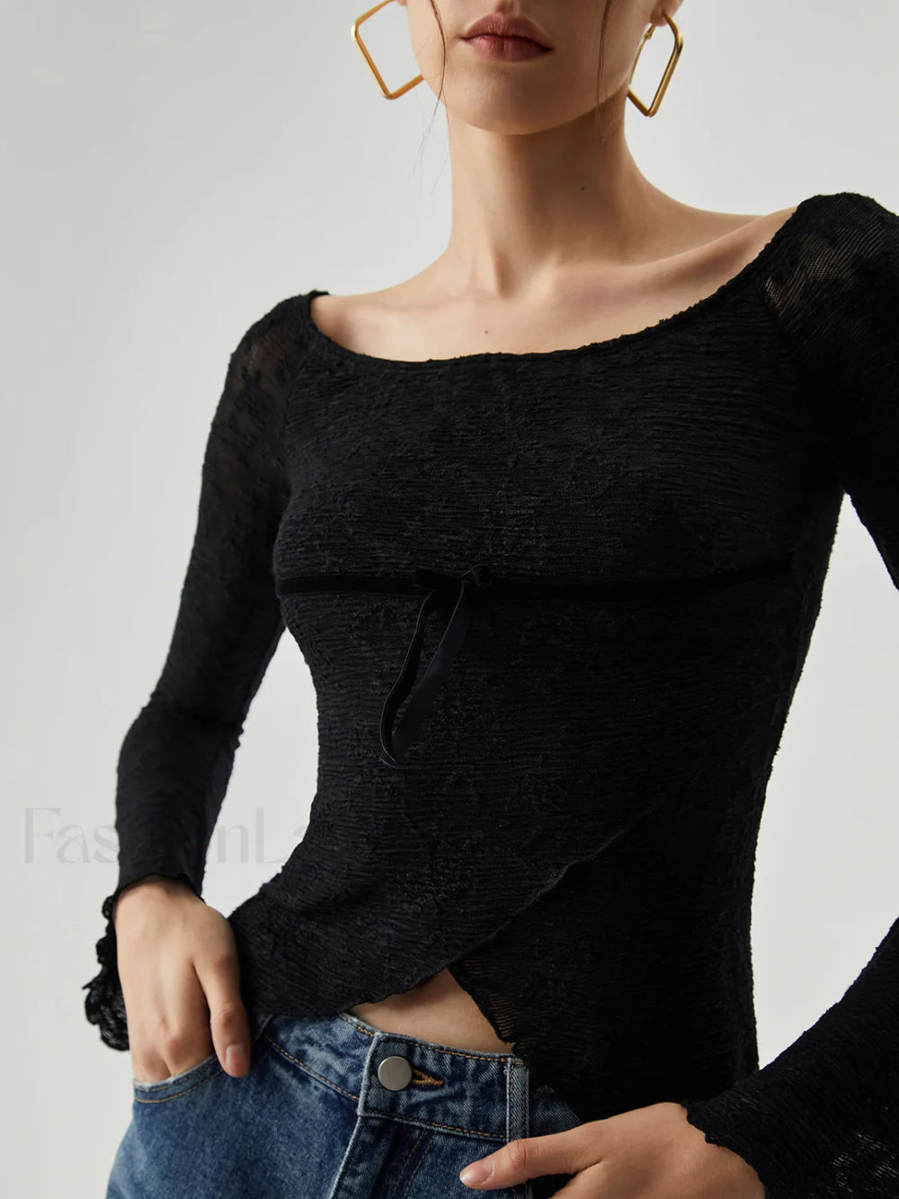 Jacquard Lace Semi sheer Trendy Bowknot Crossover Blouse Blouses