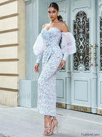 Jacquard Split Blue Maxi Dress