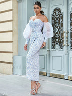 Jacquard Split Blue Maxi Dress