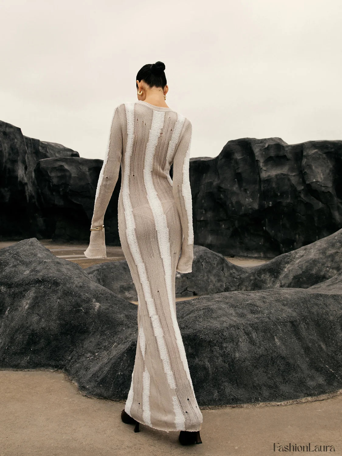 Jacquard Striped Graceful Crochet Long Dress Sweaters L