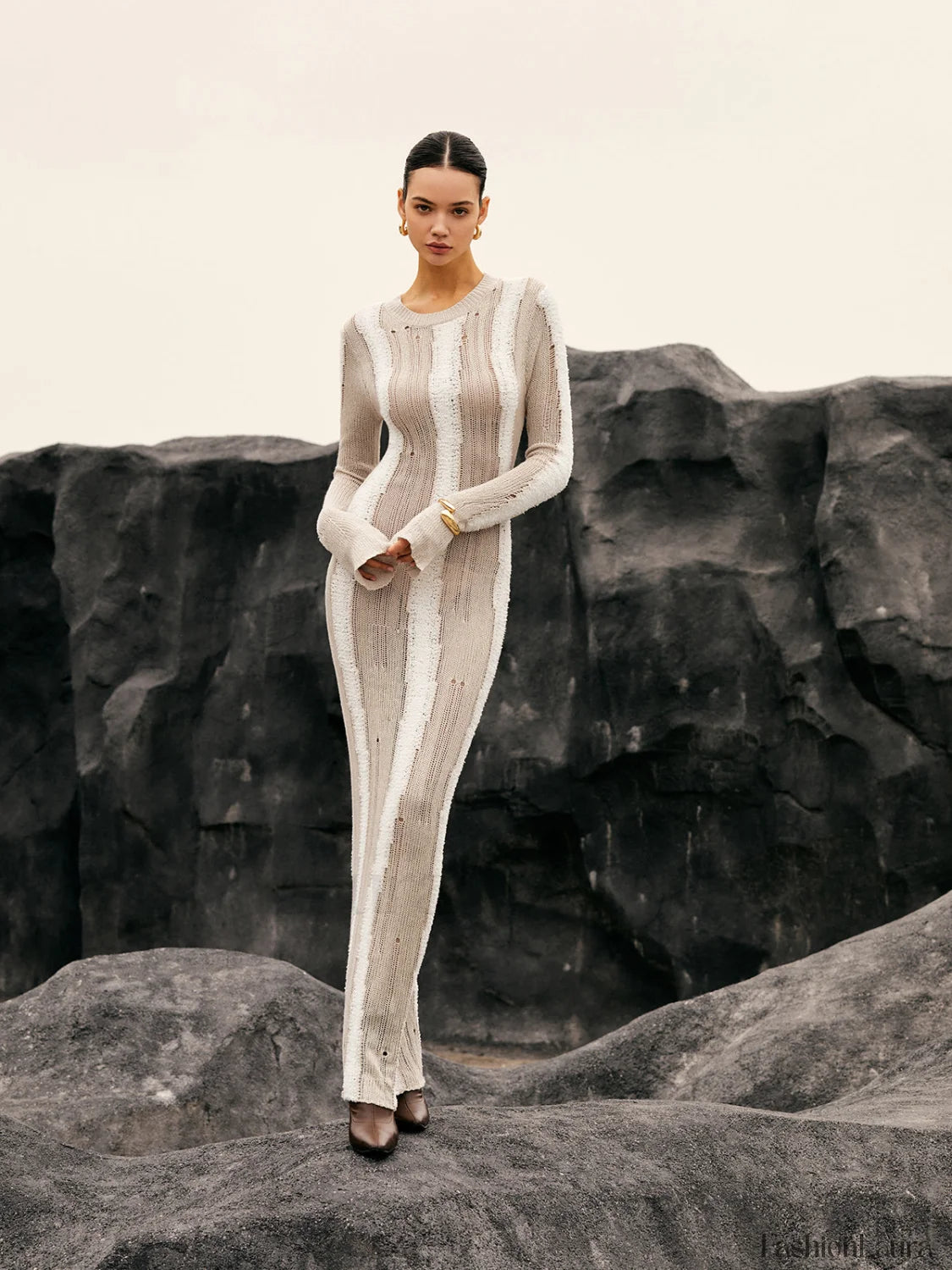 Jacquard Striped Graceful Crochet Long Dress Sweaters L