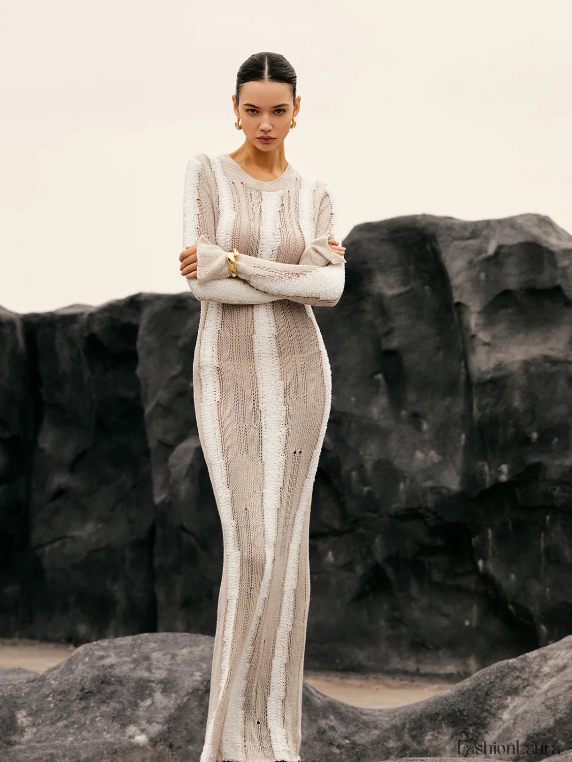 Jacquard Striped Graceful Crochet Long Dress Sweaters L