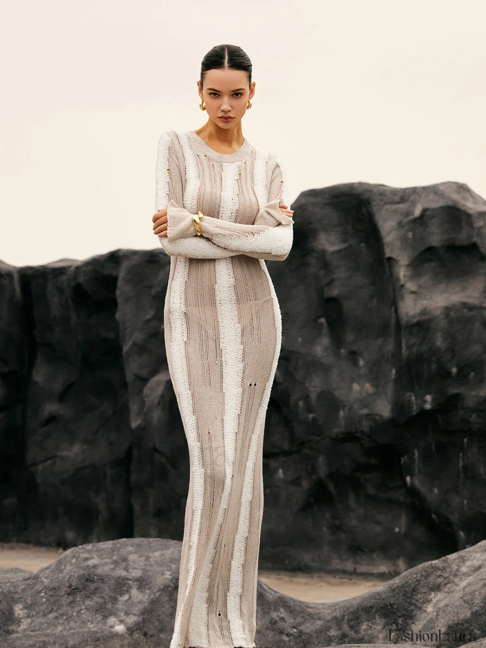 Jacquard Striped Graceful Crochet Long Dress Sweaters L