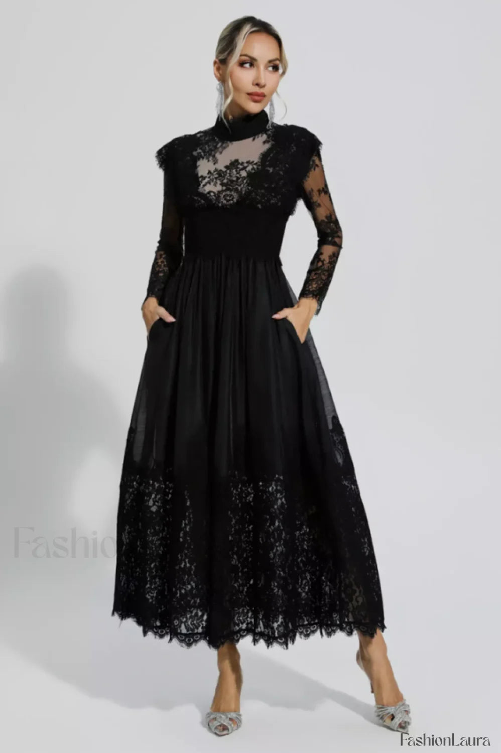 Jamie Black Floral Charming Lace Stitching Dress