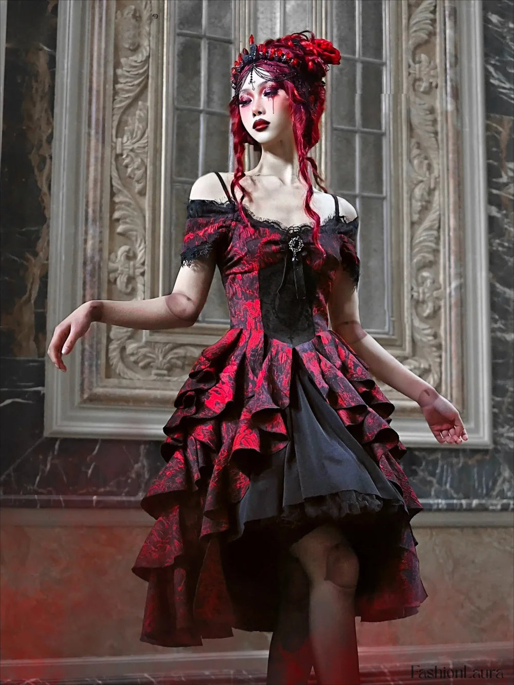Japanese Lolita Court Style Red Black Off Shoulder Gothic Wave High Waist Halloween Autumn Party Dark Dress