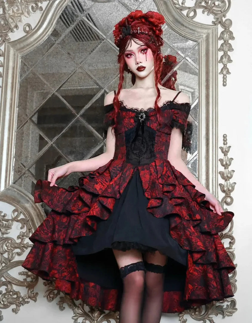 Japanese Lolita Court Style Red Black Off Shoulder Gothic Wave High Waist Halloween Autumn Party Dark Dress