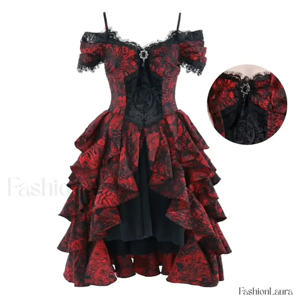 Japanese Lolita Court Style Red Black Off Shoulder Gothic Wave High Waist Halloween Autumn Party Dark Dress dress lace