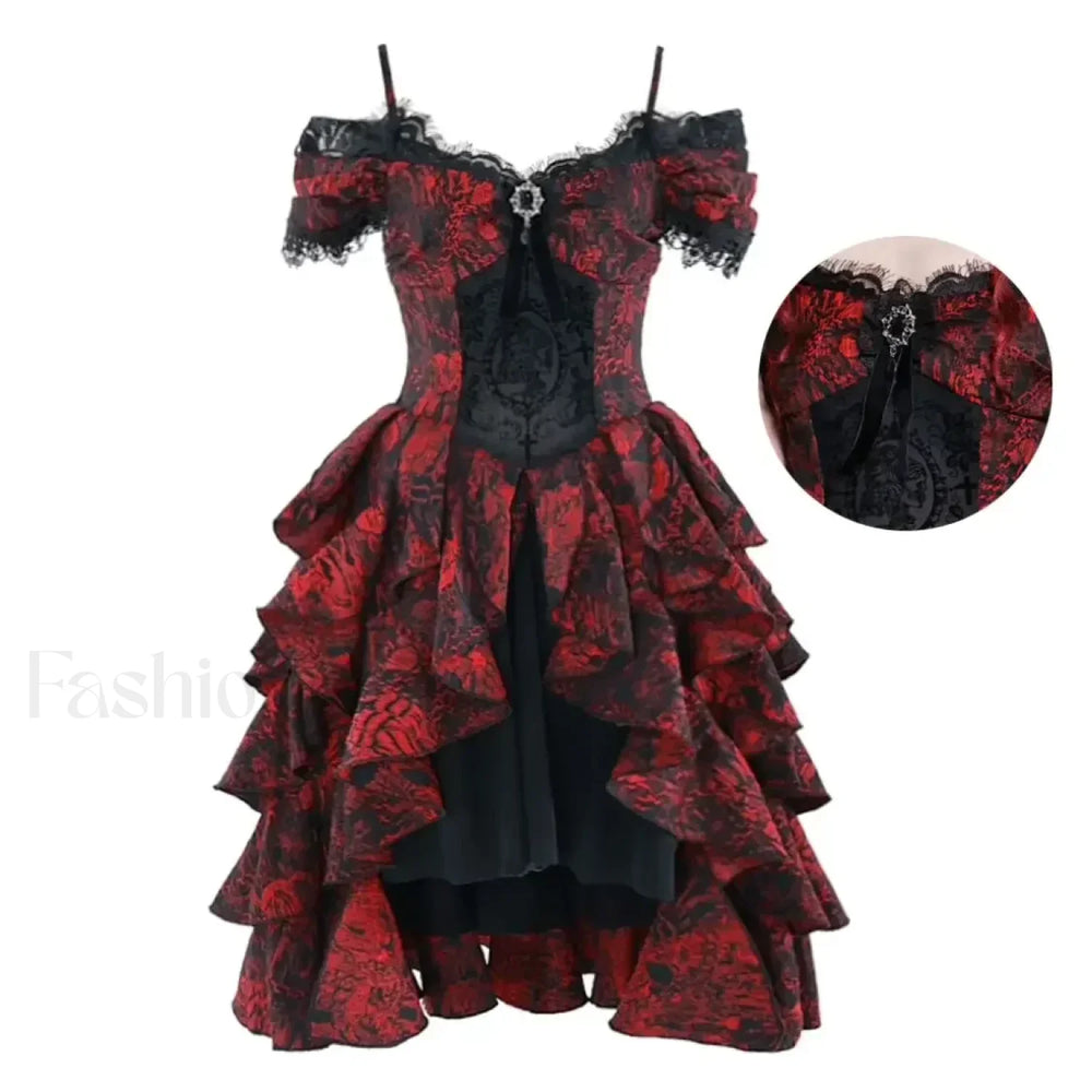 Japanese Lolita Court Style Red Black Off Shoulder Gothic Wave High Waist Halloween Autumn Party Dark Dress dress lace