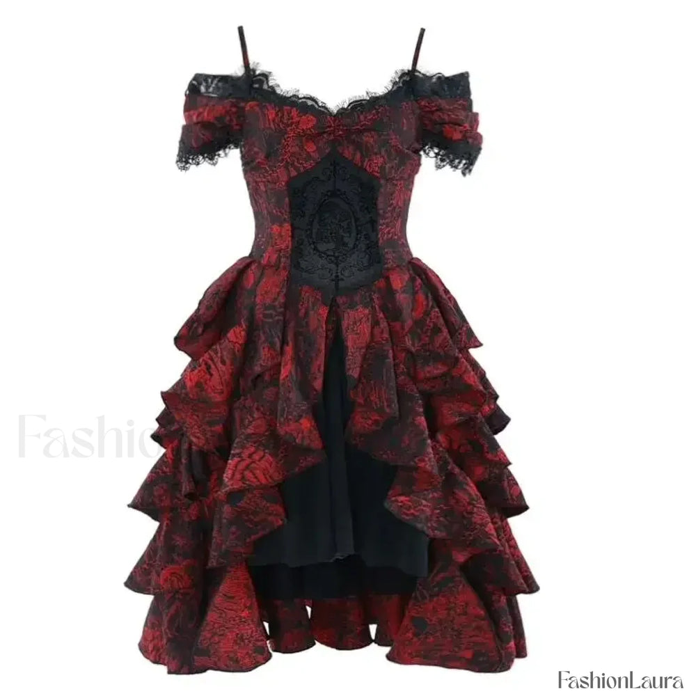 Japanese Lolita Court Style Red Black Off Shoulder Gothic Wave High Waist Halloween Autumn Party Dark Dress only dress