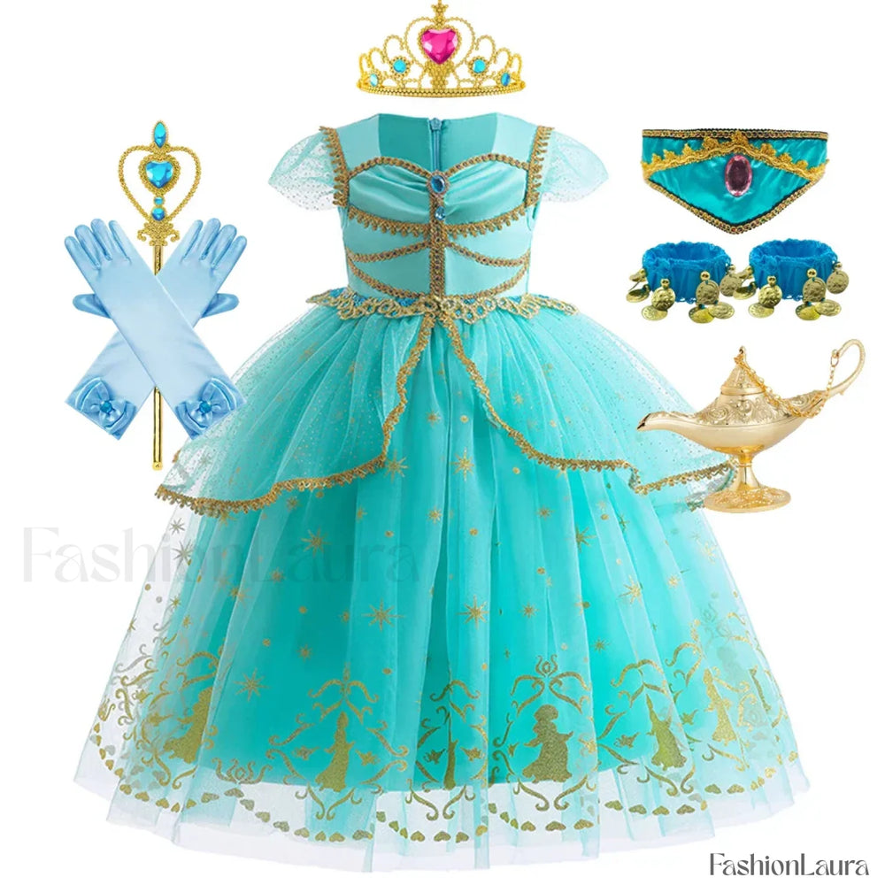 Jasmine Kid Magic Lamp Baby Girl Princess Aladdin Gown Prom Birthday Carnival Costume 2T (Tag 100) / Jasmine Dress B