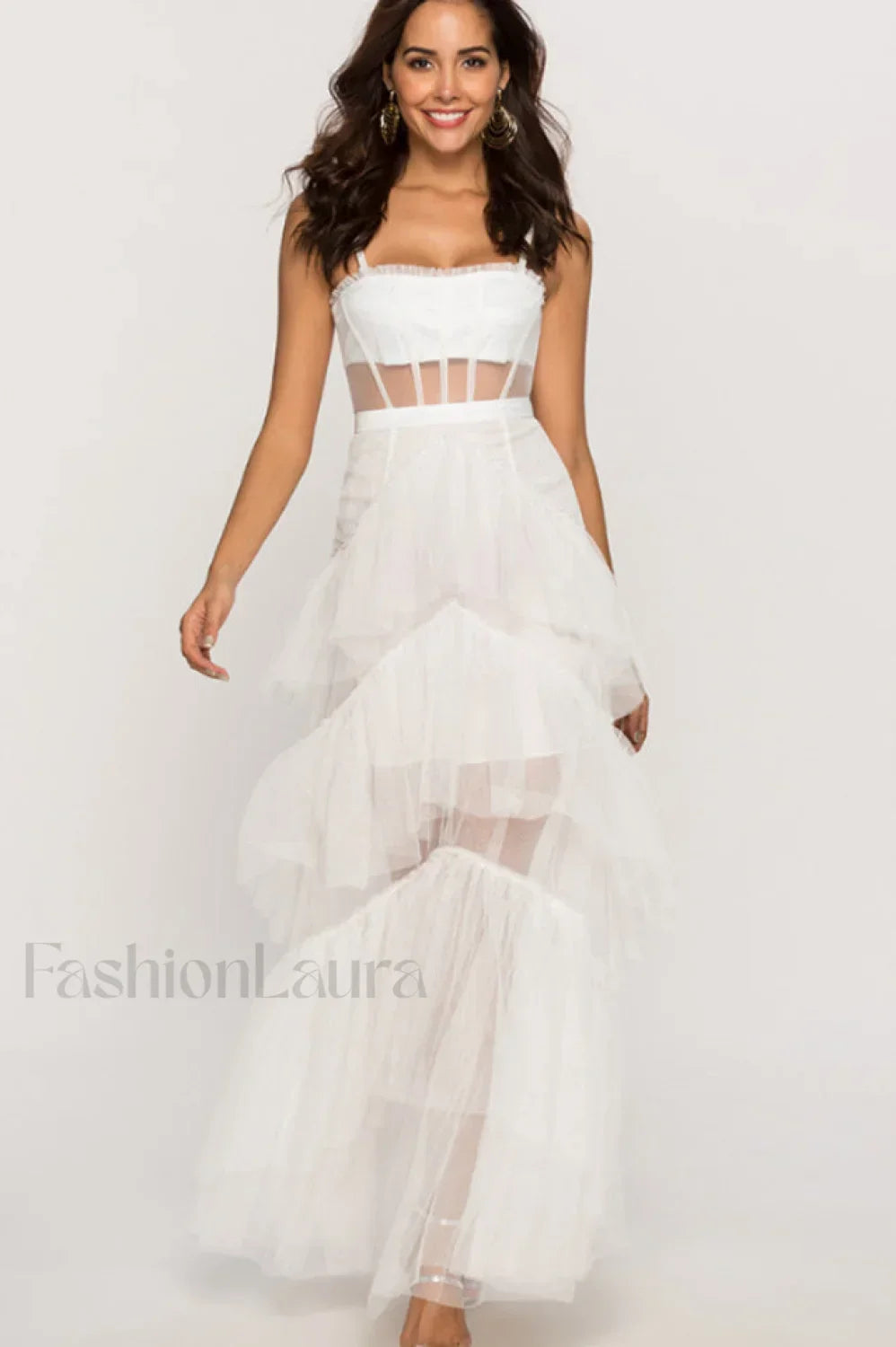 Jasmine Long Spaghetti Charming Strap Mesh Corset Gown