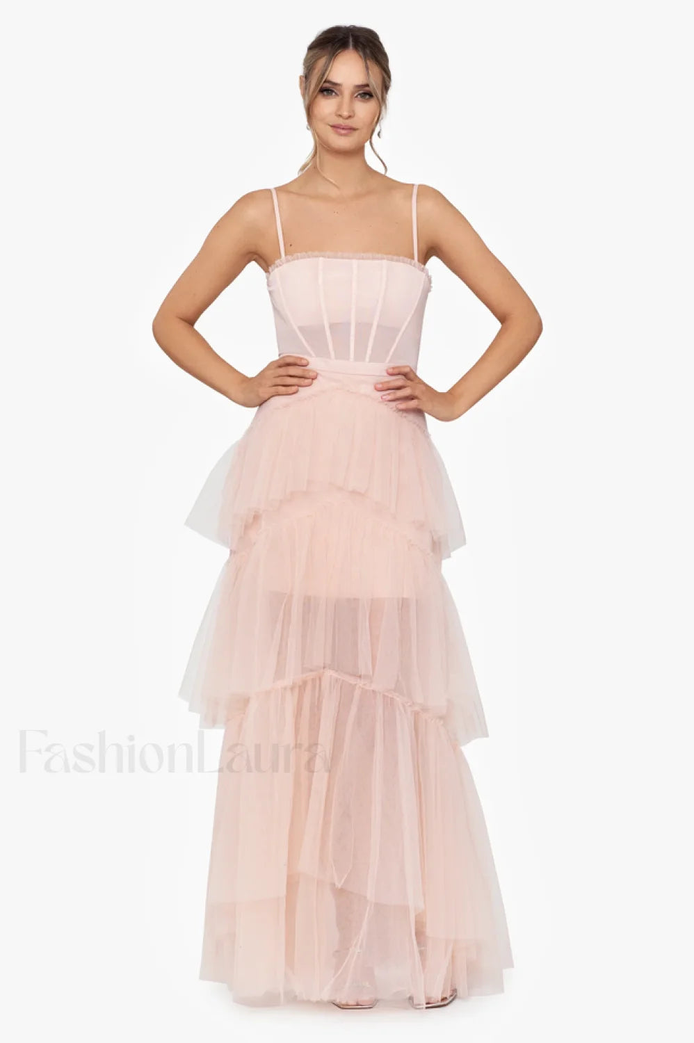 Jasmine Long Spaghetti Charming Strap Mesh Corset Gown XS / Blush