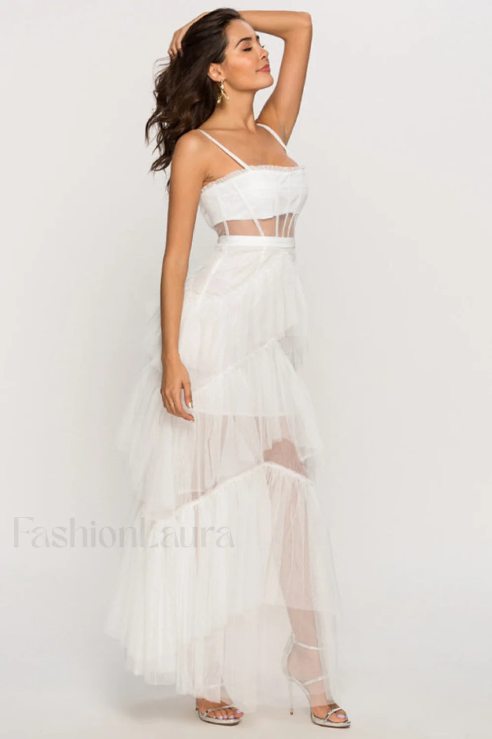Jasmine Long Spaghetti Charming Strap Mesh Corset Gown XS / White