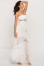 Jasmine Long Spaghetti Charming Strap Mesh Corset Gown XS / White