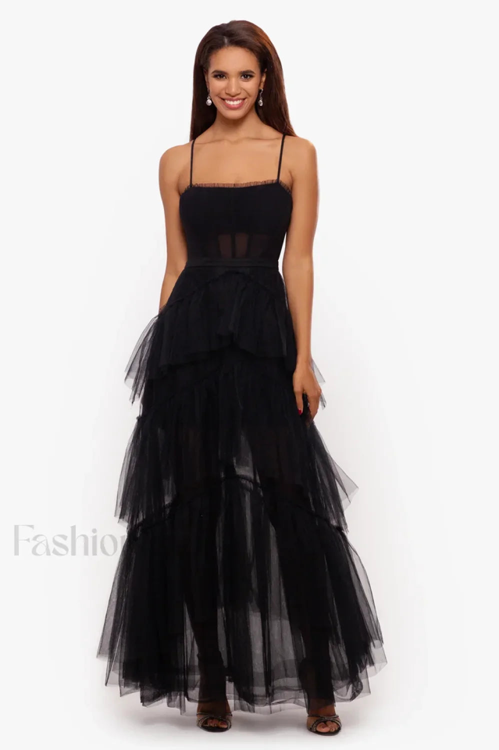 Jasmine Long Spaghetti Charming Strap Mesh Corset Gown XS / Black