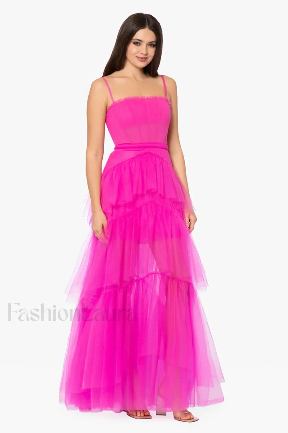 Jasmine Long Spaghetti Charming Strap Mesh Corset Gown XS / Hot Pink