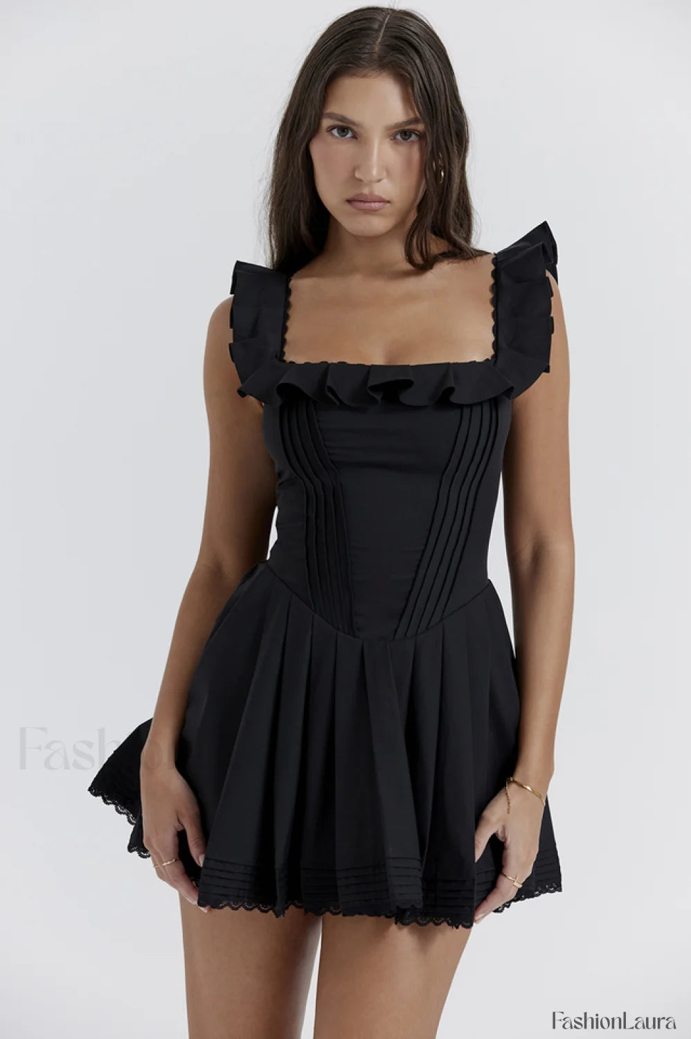 Jemima Black Pin Charming Tuck Pleated Dress XS / Black