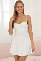 Jewel Sequin Stylish Cowl Neck Dress S / White