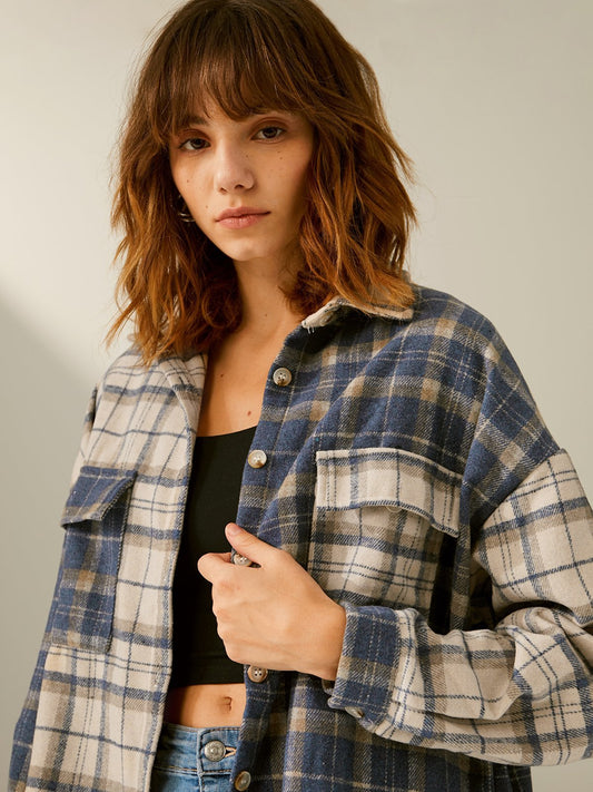 Oversized Color Blocked Trendy Plaid Flannel Shirt Jacket