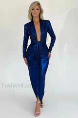 Juliette Metallic Stylish Tie Front Dress S / Blue Metallic