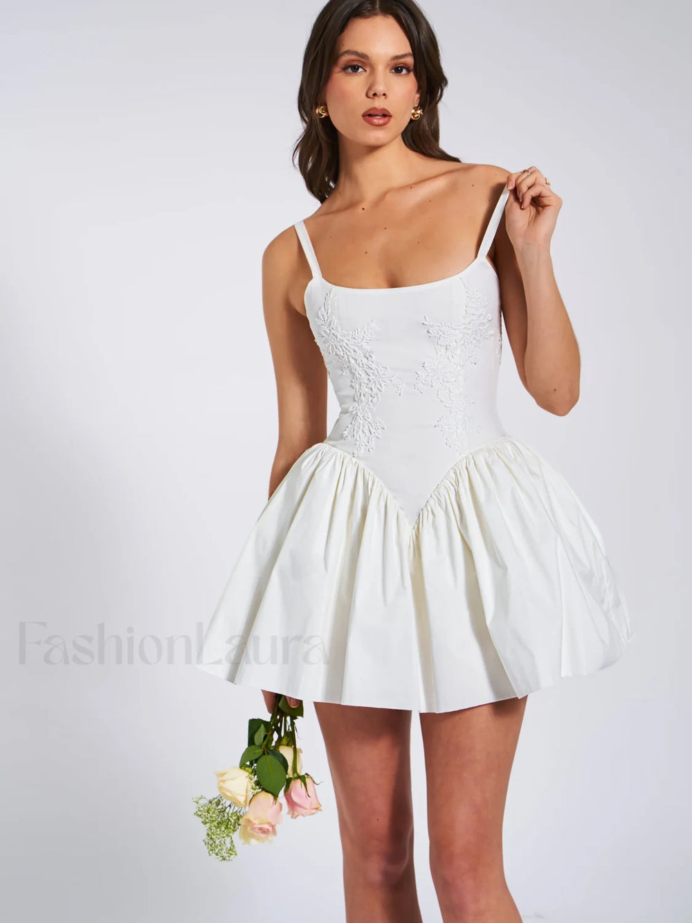 Kadi White Cotton Drop Graceful Waist Corset Mini Dress Dresses