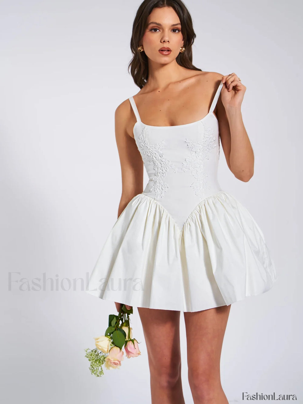 Kadi White Cotton Drop Graceful Waist Corset Mini Dress Dresses