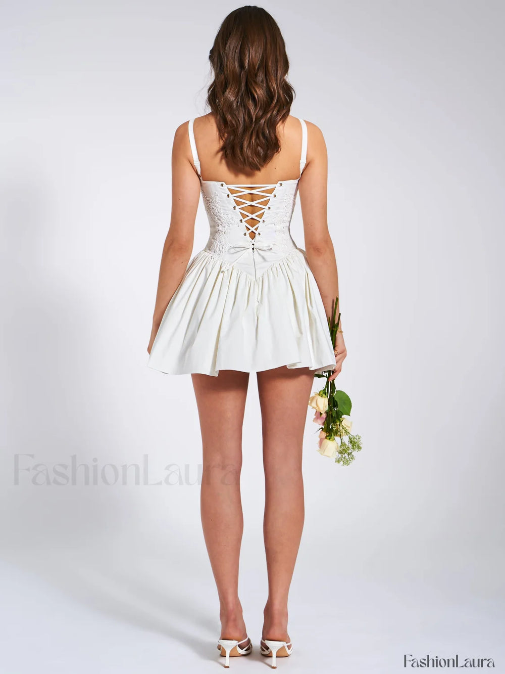 Kadi White Cotton Drop Graceful Waist Corset Mini Dress Dresses