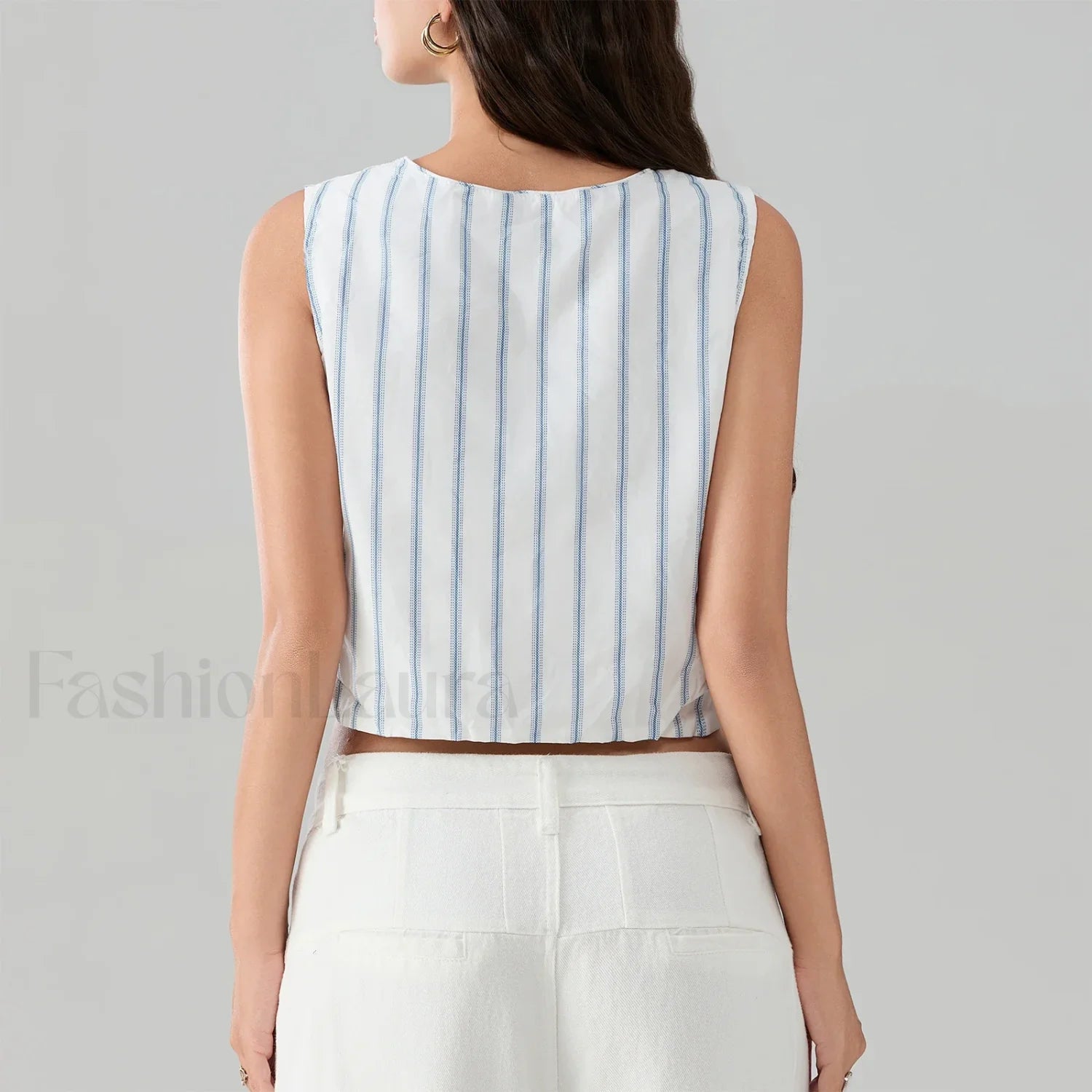 Kawaii Tie Knot Front Striped V-Neck Sleeveless Bandage Crop Top Secondary image