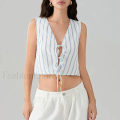 Kawaii Tie Knot Front Striped V Neck Sleeveless Bandage Crop Top