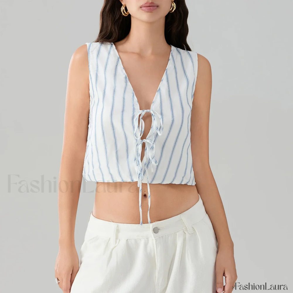 Kawaii Tie Knot Front Striped V Neck Sleeveless Bandage Crop Top