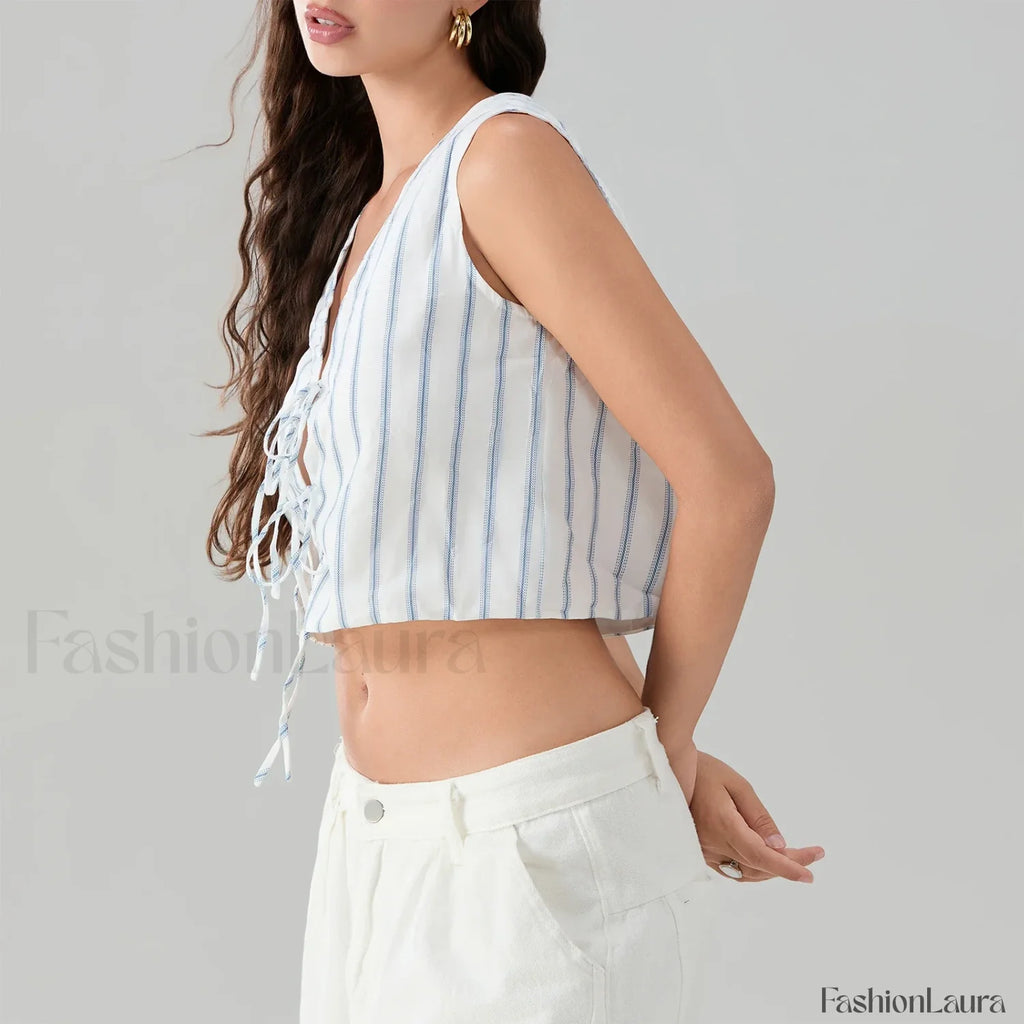 Kawaii Tie Knot Front Striped V Neck Sleeveless Bandage Crop Top