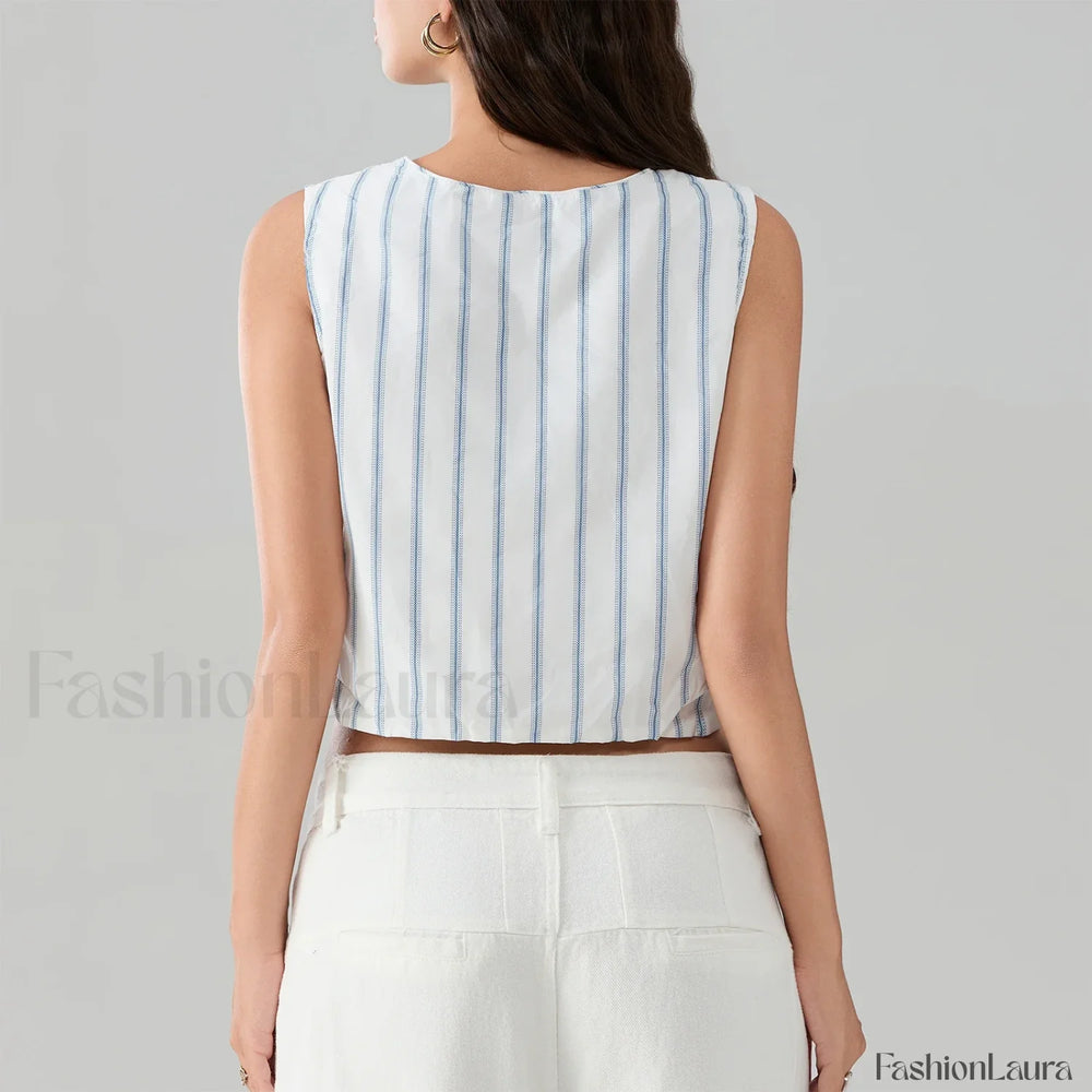 Kawaii Tie Knot Front Striped V Neck Sleeveless Bandage Crop Top