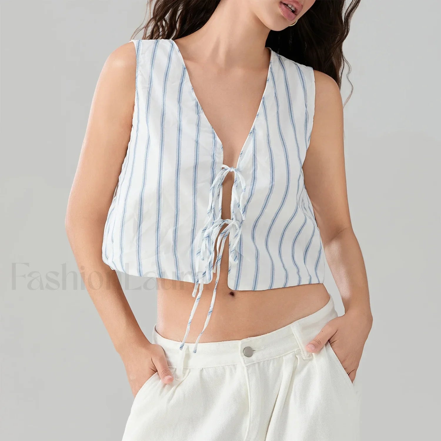 Kawaii Tie Knot Front Striped V Neck Sleeveless Bandage Crop Top white / S Main image