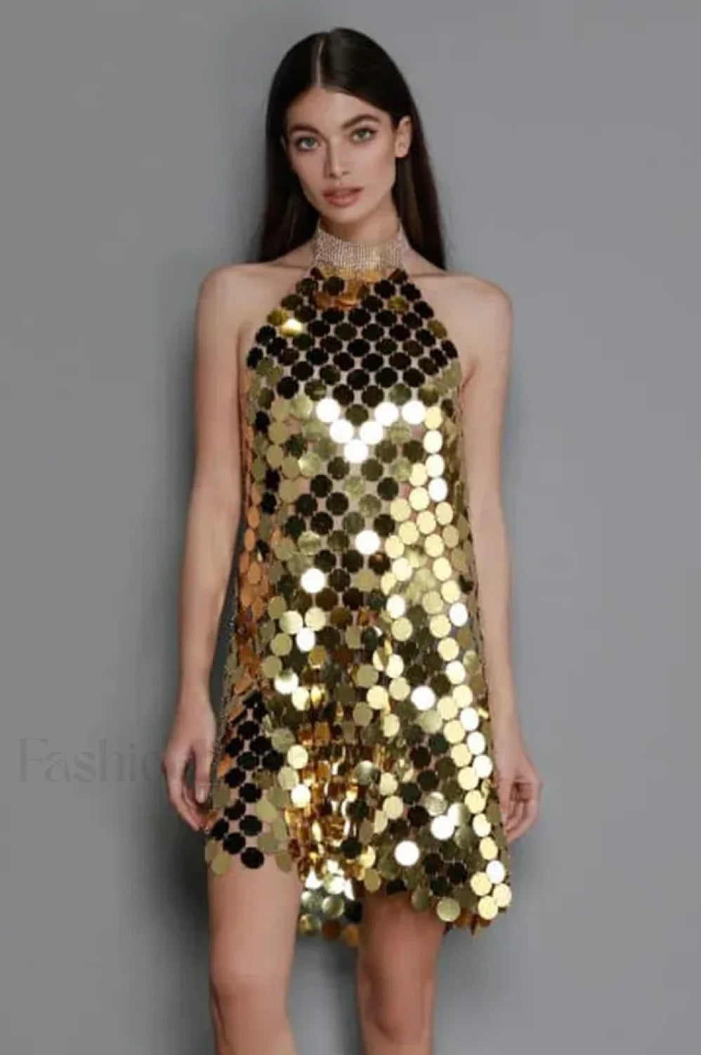 Kimora Halterneck Stylish Chainmail Mini Dress Free Size / Gold
