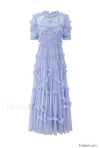 Kinley Ruched Ruffle Charming Hem Maxi Dress S / Baby Blue