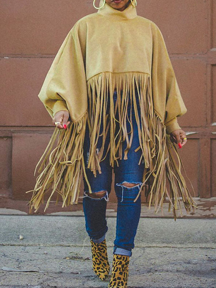 Solid Fringed Suede Top Khaki / L Sweatshirts & Hoodies L Main image