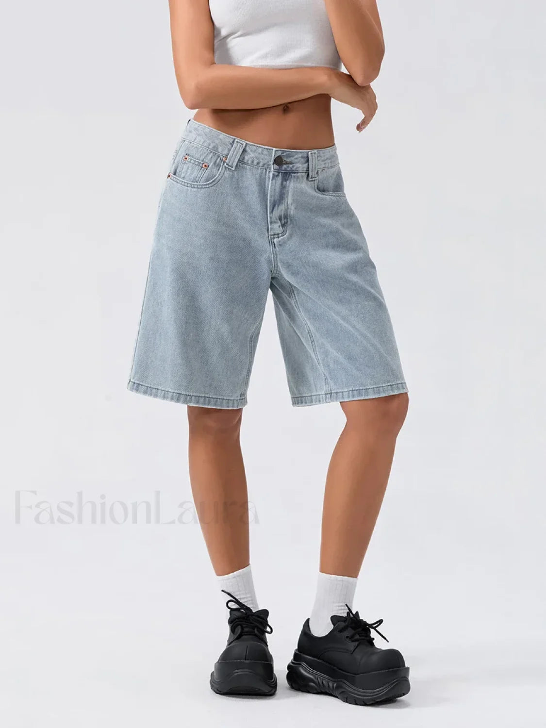 Knee Length Denim Low Rise Wide Leg Casual Streetwear Short Main image