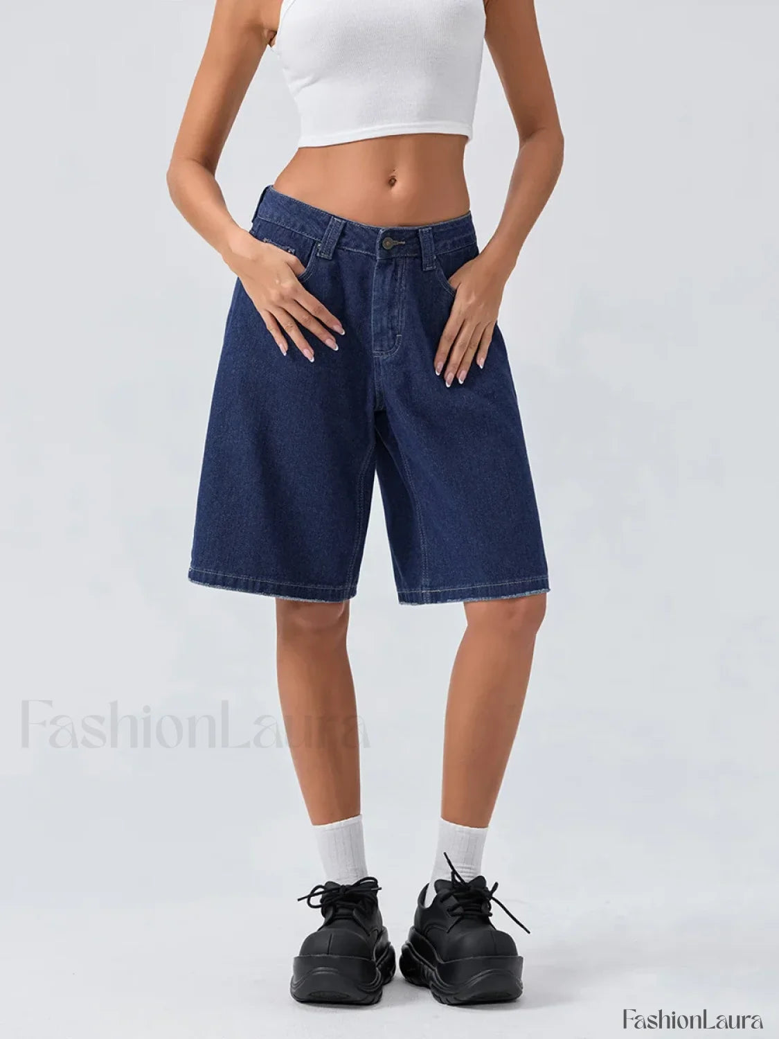 Knee Length Denim Low Rise Wide Leg Casual Streetwear Short