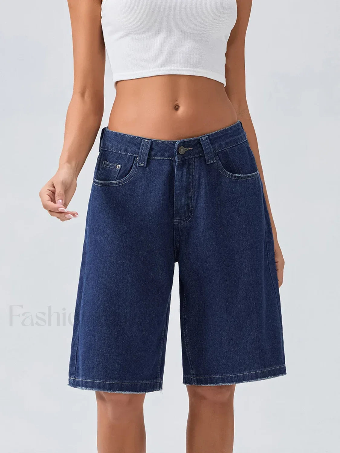 Knee Length Denim Low Rise Wide Leg Casual Streetwear Short DEEP BLUE / S